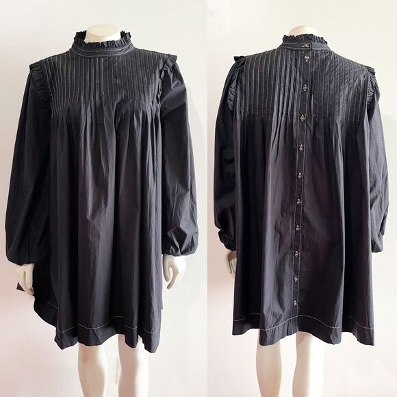 Ganni Women's Black Pintucked Cotton-Poplin Contrast Stitch Dress Size 36 Small - Picture 2 of 16